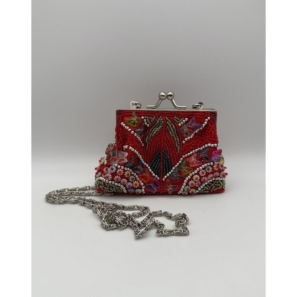 Vintage Red Beaded Mini Purse Butterfly Sequin Clutch Chain Strap 23" Drop
